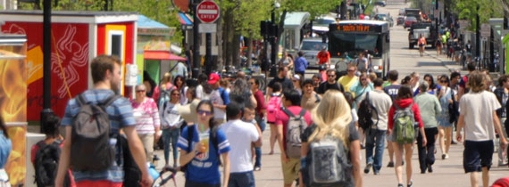 Group walking down State Street in Madison, Wisconsin