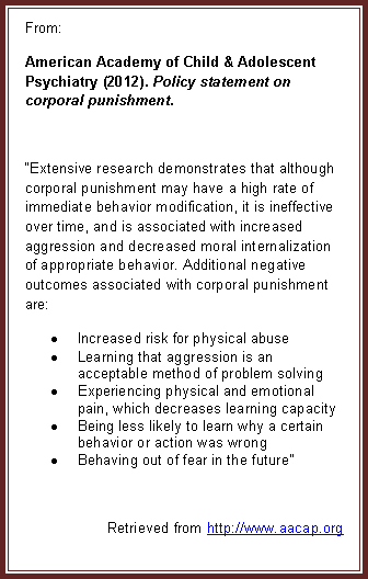 American Academy of Child & Adolescent Psychiatry (2012). Policy Statement on corporal punishment.