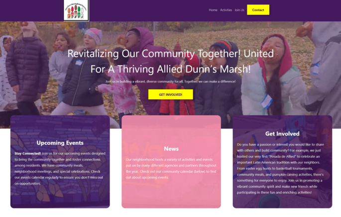A screenshot of the Allied Dunns Marsh Neighborhood Association Website. In the center a group of youth stand together in a park. Section blocks below in purple and pink provide information on upcoming events, notes, and how to get involved.