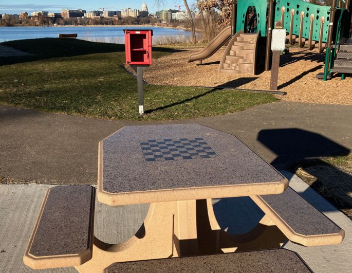 Picnic table with built-in games at Bernie's Beach