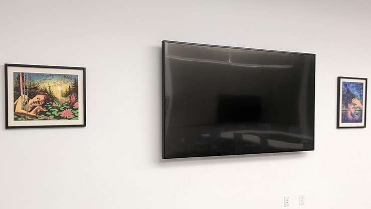 Two smaller framed art pieces on either side of a wall-mounted television.