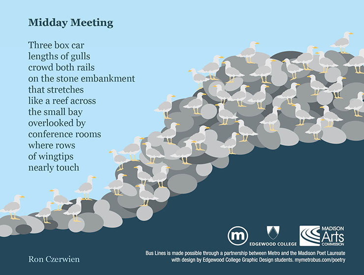 Midday Meeting: Three box car lenths of gulls crowd both rails on the ston embankment that stretches like a reef across the small bay overlooked by conference rooms where rows of wingtips nearly touch. - Ron Czerwien