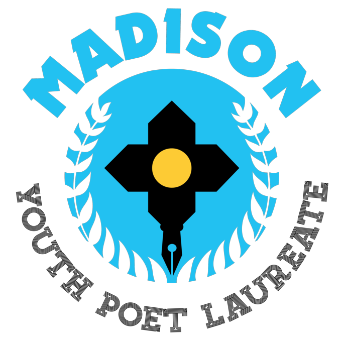 A circle of light blue with a black cross in the center that symbolizes the four lakes (Mendota, Monona, Wingra and Waubesa). In the center of the black cross is a gold circle symbolizes the dome of the State Capitol. The bottom of the cross morphs into a pen nib, representing writers. Above the circle is the word Madison in light blue, and below the circle is Youth Poet Laureate in light grey.