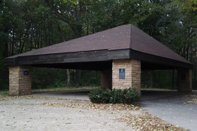 Park shelter in woods. 