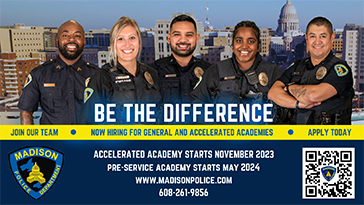 Ad with the words Now Hiring Entry & Lateral Police Officers Accelerated Academy, Paid for Experience