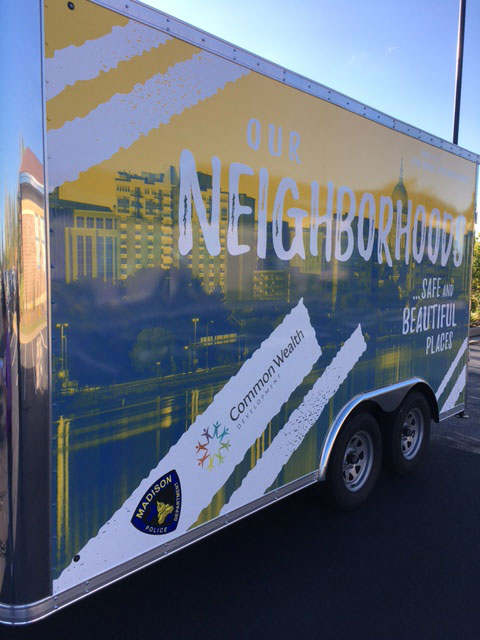 Neighborhood Resource Trailer with window and door closed.