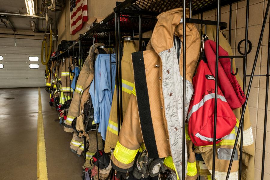 Station 5 Gear Racks - These racks store turnout gear for all the firefighters and paramedics at Station 5 on a total of three shifts.