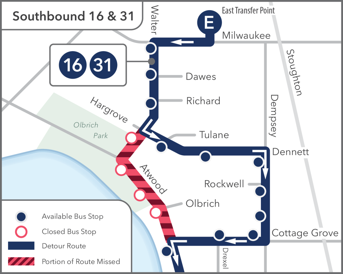 Detour map for Routes 16 and 31