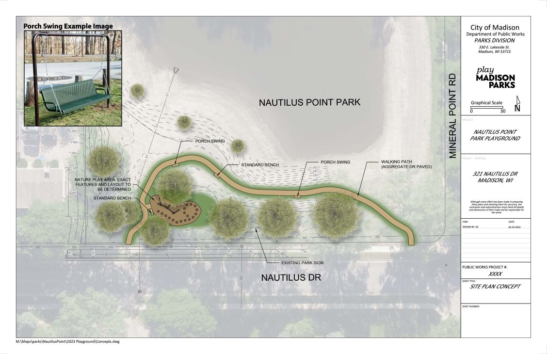 The existing playground will be removed. A new small nature play area will be installed along with a loop walking path from the Nautilus Dr. sidewalk. Also included will be benches for seating.