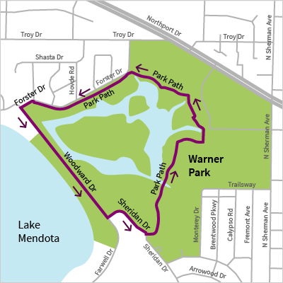This circular route begins at the Warner Park shelter. Head north on the park path and follow west toward Forster Dr. turning left and following the bike path west, turn left on Woodward Drive. Follow Woodward Drive southeast, turning left on Sheridan Dr. and then left returning to the park path.