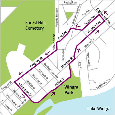 This circular route begins at Wingra Park heading northeast along Arbor Drive and the Wingra Park path. Turn right on Monroe Street, left on West Lawn Avenue, left on Edgewood Avenue, left on Keyes Avenue, right on Leonard Street, left on Fox Avenue, left on Sheldon Street, right on Gregory Street, left on Chapman Street, and left back onto Arbor Drive.