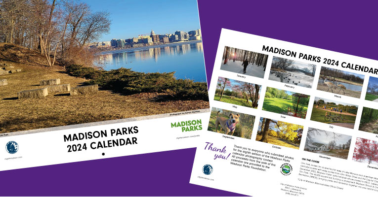 Front and back covers of the 2024 Madison Parks calendar with winning park images.