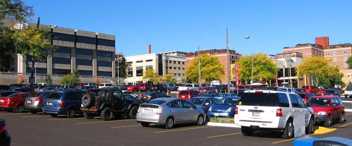 A parking lot filled with vehicles in Madison, Wisconsin