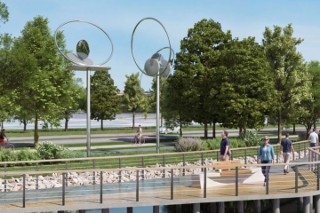 Rendering showing several sculptures with rotating discs and rings