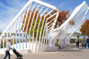 Rendering of an open structure reflecting its surroundings and the sky