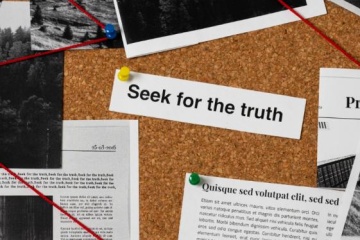 Cork board used for solving mysteries with articles pinned and red thread. 