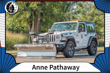 Trading card featuring Anne Pathaway, a Jeep with a plow 