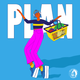 A cartoon person with a handheld shopping basket is standing in front of the word "Plan"