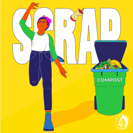 A cartoon character is tossing an apple core over their shoulder into a compost bin.  In the background is the word "Scrap"