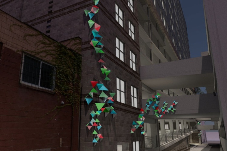 Rendering of an assortment of colorful pyramids on the walls of the new State Street Campus Garage