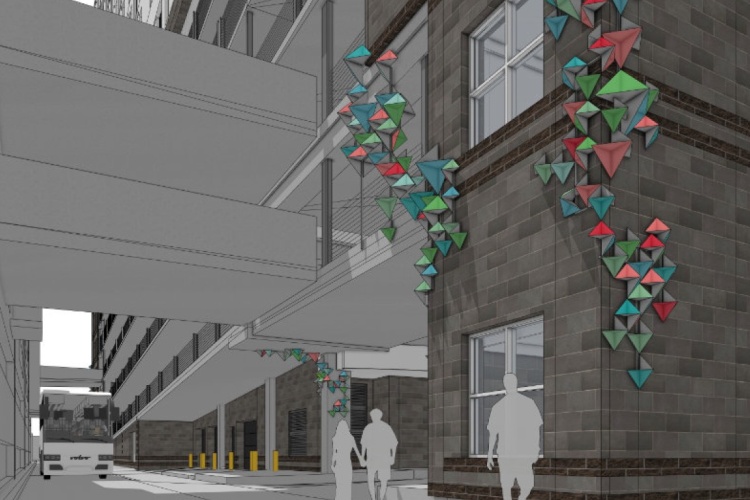 Rendering of an assortment of colorful pyramids on the side of the new State Street Campus garage