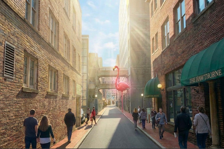 Rendering of a large illuminated pink flamingo along a walkway