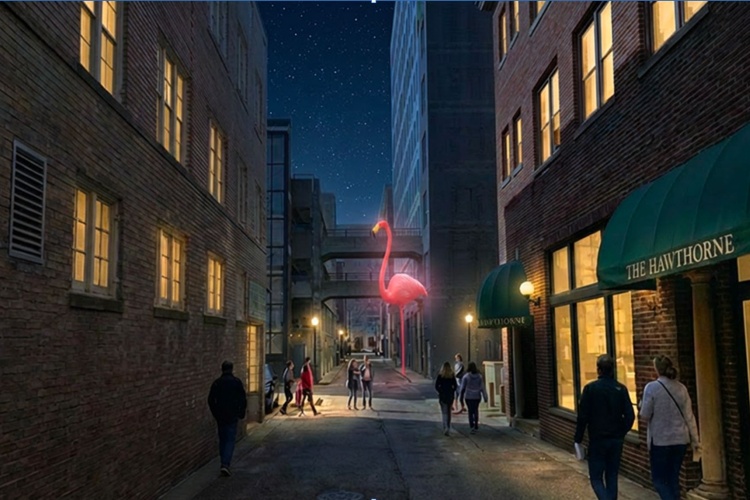 Rendering of a nighttime view of a large, illuminated pink flamingo at the bus entrance to the garage