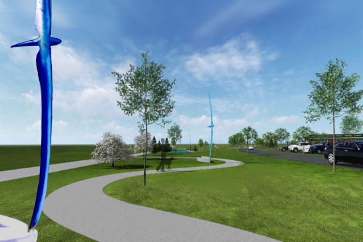 Rendering of a blue bird-shaped sculpture along a path