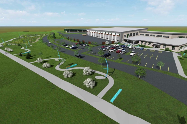 Rendering of an overhead view of all sculptures along a path outside of the Far West Operations Facility