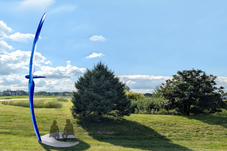 Rendering of people sitting at the base of a blue bird-shaped sculpture
