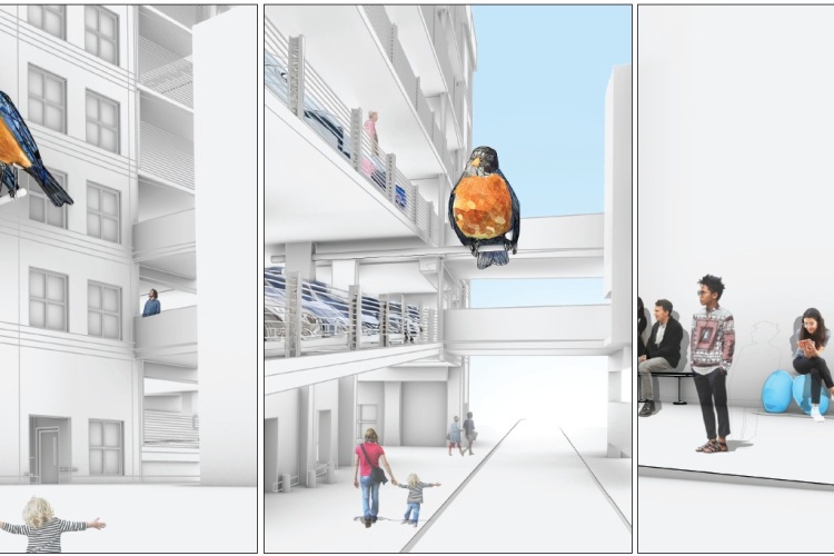 Artist sketch of large sculptures of Robins perched on the new garage