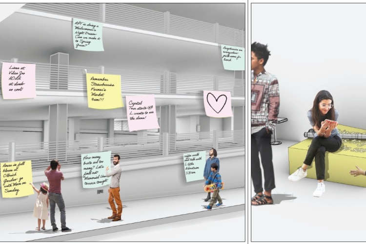 Artist sketch of large post-it notes scattered along the facade of the garage, highlighting Madison events