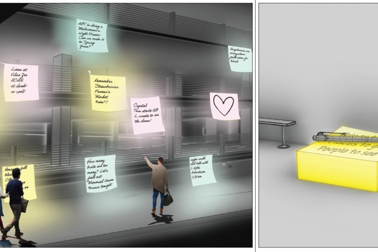 Artist sketch of large post-it notes on the facade of the garage, illuminated at night