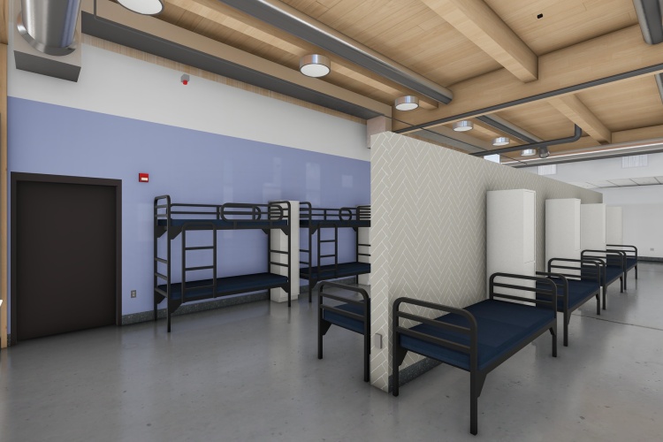 Rendering showing proposed design of the dorms at the men's shelter with a mix of bunk and single beds