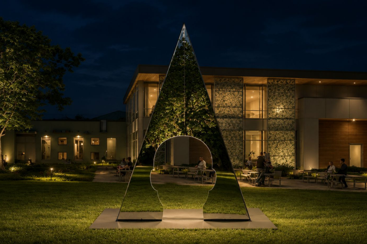 An illuminated triangular sculpture with a silhouette of a person's head in the center with a reflective steel surface.