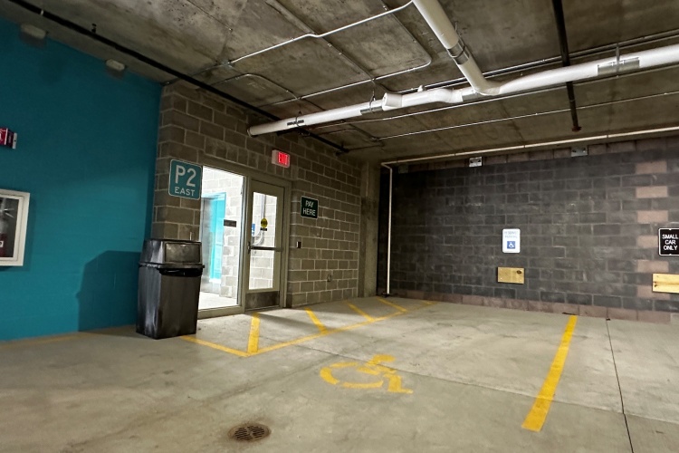 Accessible space near elevator at State Street Campus Garage, Lake Street,