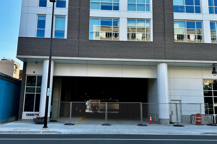 Fenced off regional transit driveway, opening soon at State Street Campus, Lake Street, Garage.