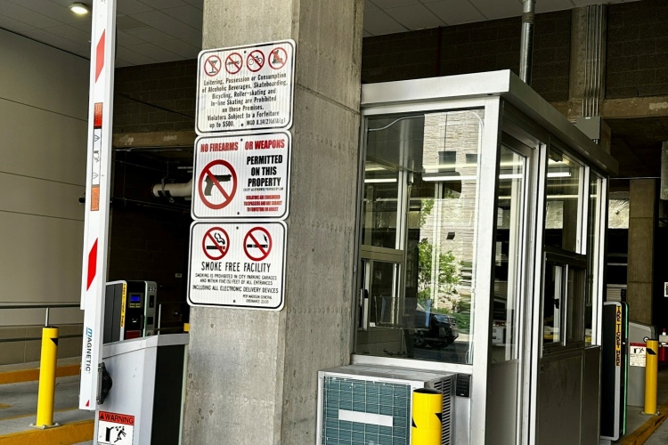 State Street Campus Garage, Lake Street, entrance gate.