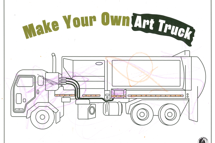 A coloring page completed by a child. There are purple and orange lines scribbled over a blank drawing of a city trash truck.
