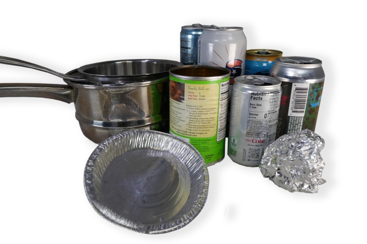 Metal items okay for the recycling cart, including cans, balled up aluminum foil, and a clean & empty saucepan