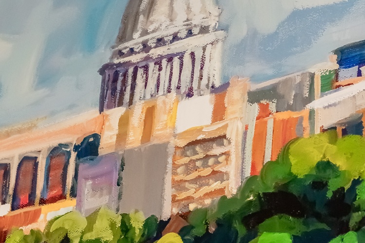 Close up of the capitol building on the Madison Skyline mural