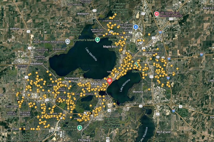 Map of the City of Madison with yellow dots indicating the sites where trees are most likely to be planted in the fall of 2025.