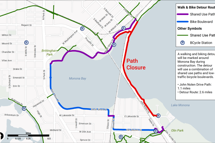 Map of the John Nolen Drive Path detour.