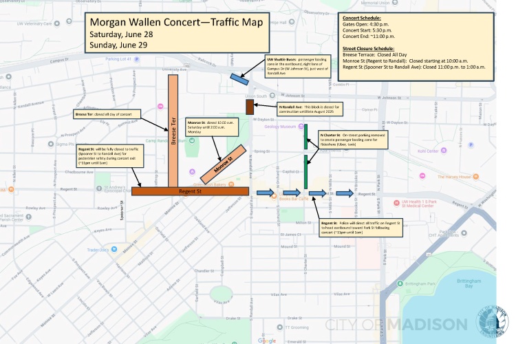 Closures and traffic routes for the Camp Randall concerts on June 28 and June 29, 2025