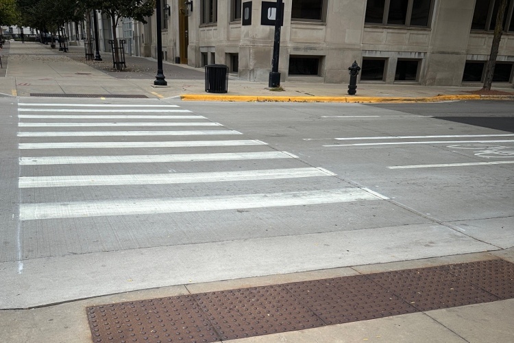 Tactile warning  fields at crosswalk, Martin Luther King Jr Blvdand Doty St