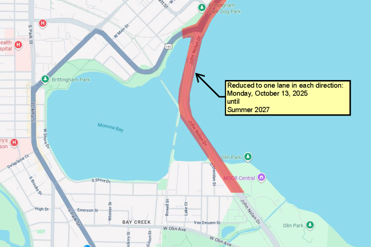 closure map for the Upcoming John Nolen Drive reconstruction project beginning on October 13, specific closure details in news release.