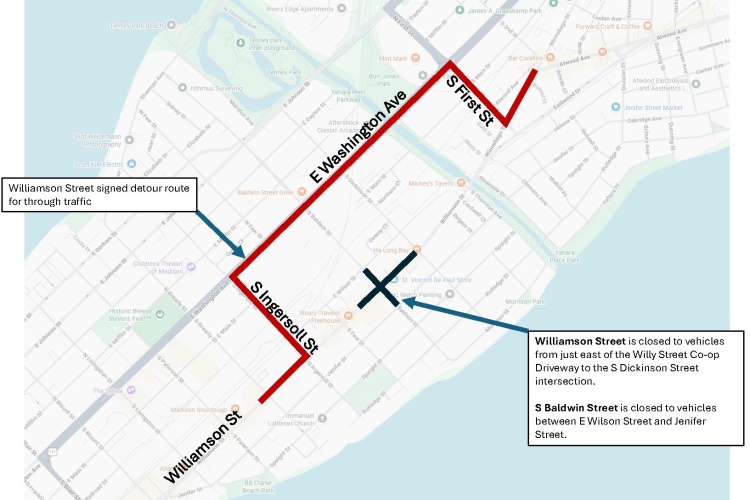 Williamson Street, from S. Franklin Street to S. Pinckney Street, will remain closed until further notice.