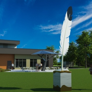 Open larger image in modal - A sculpture depicting a white feather with a black tip, on top of a square base.