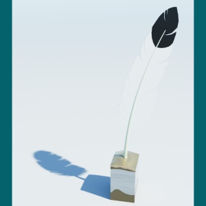 Open larger image in modal - A sculpture depicting a white feather with a black tip, on top of a square base.