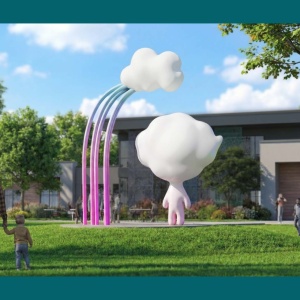 Open larger image in modal - A sculpture depicting a human-like form with a puffy cloud as a head. A small puffy cloud floats above them. 